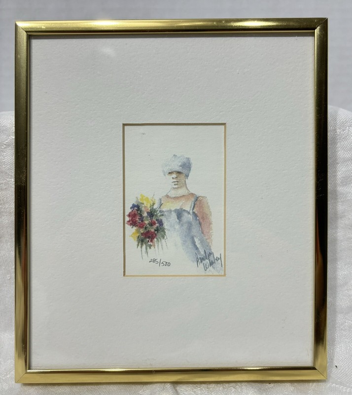 Amelia Whaley -Woman With Flowers Framed & Signed Water Color Painting 7.25×6.25
