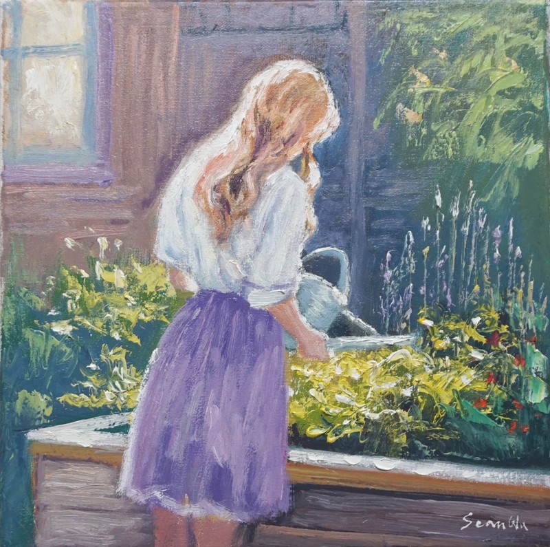 Sean Wu original oil painting, 12×12 on stretched canvas，girl in the garden