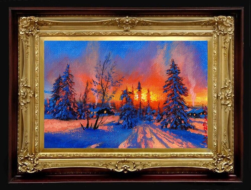 WINTER SUNSET III Original Oil Painting Northern Light Reflections NO FRAME