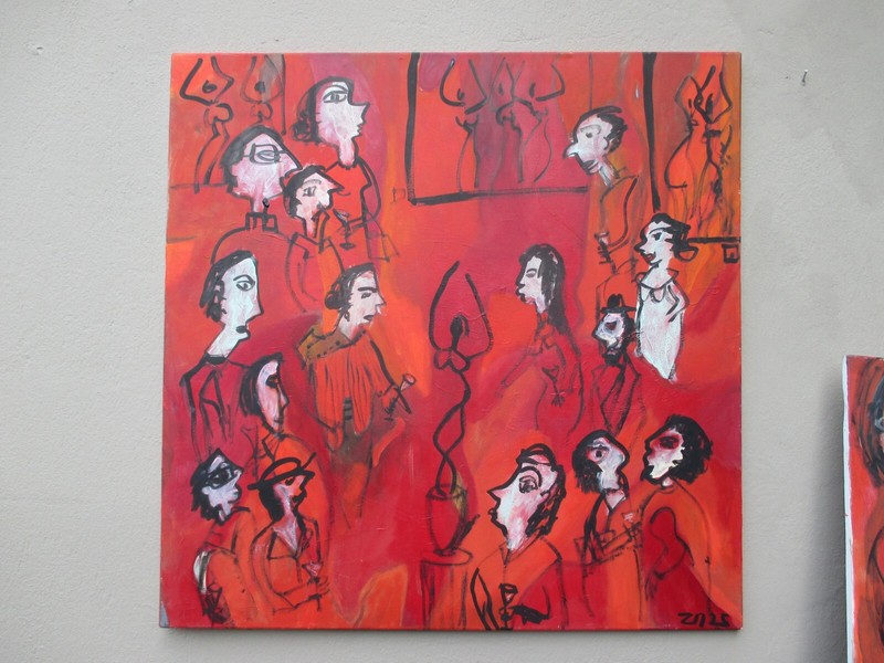 People for the vernissage gallery 1 expressive red painting 100x100 acrylic picture unique gallery