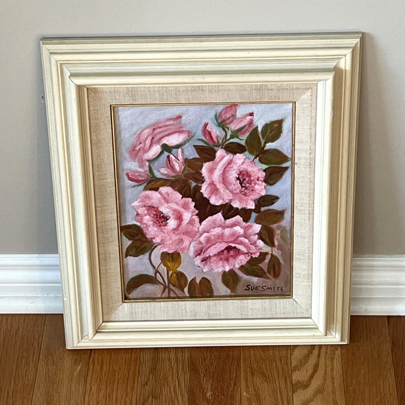Vintage Oil Painting Pink Roses Bouquet Framed Signed