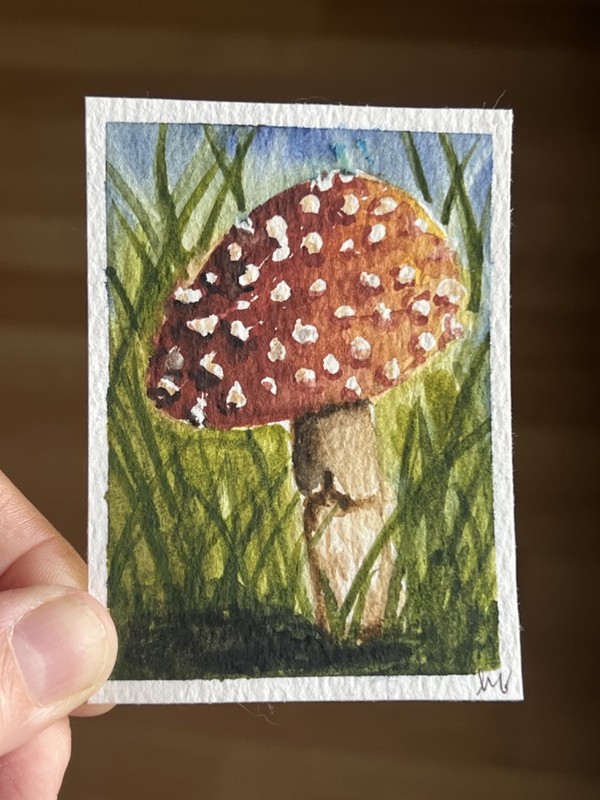 ACEO – Tiny Mushroom watercolor OOAK by H Forrest Signed/Dated