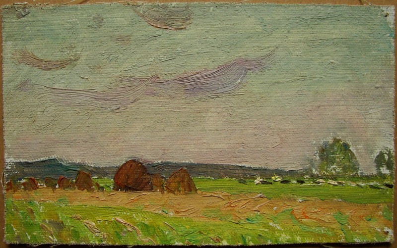 Ukrainian Soviet USSR Oil Painting Impressionism landscape haystack field