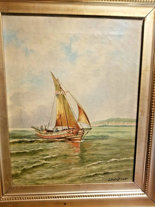 BEAUTIFUL 1800s O/C PAINTING FISHING SAIL BOAT IN STUNNING GOLD LEAF FRAME gallery