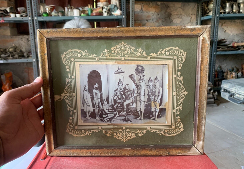 Antique Old Handmade Black & White Lord Rama Sita Hanuman Painting Wooden Framed
