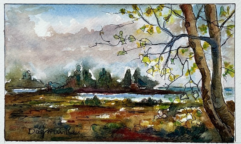 Watercolor And Ink Painting Autumn Fall Palette Trees By Water 5×8” Dagmar Kau