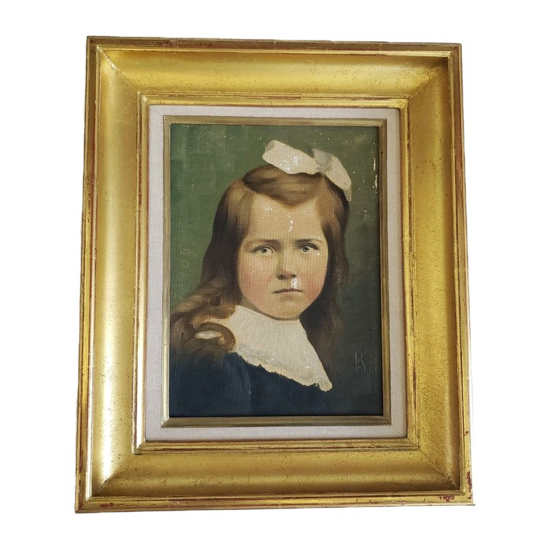 Antique German Oil Portrait Painting Young Girl Bow Gold Gilt Wood Frame Signed