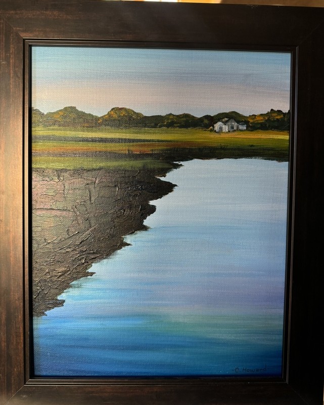 Christine McEwen Howard Oil Painting Home Cabin by the Lakeside Framed 17×14 in