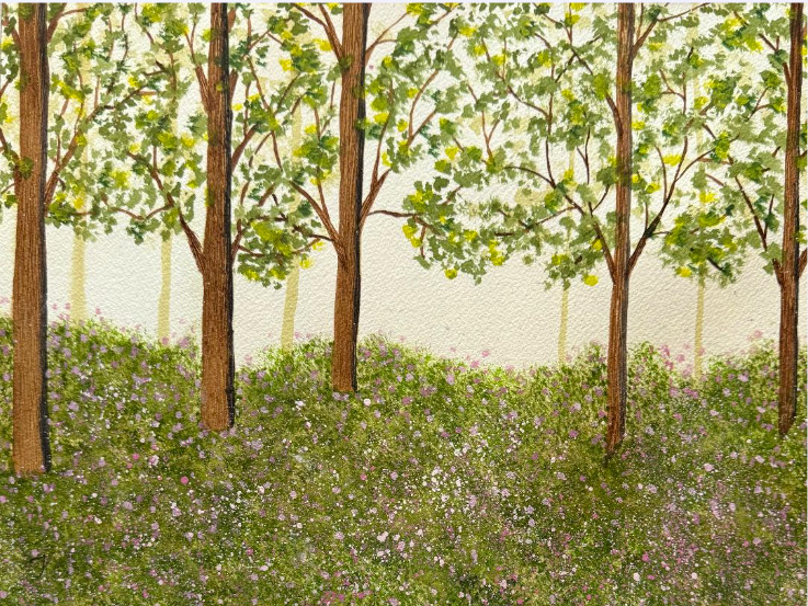 PAINTING WATERCOLOR TREES FOREST WILDFLOWER LANDSCAPE GREEN 11X14 AND MAT 16X20