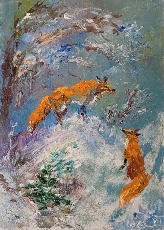 Painting «Foxes». Oil on hardboard. 5×7 inc. Handmade. 2026. Unframed.