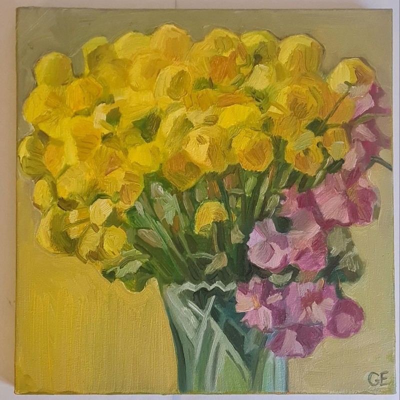 Bouquet Flowers Painting, Сhrysanthemums Original Signed Artwork Ukraine