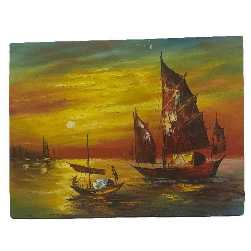 Vintage Original CHINESE FISHING BOATS SUNSET OIL PAINTING J TONG CA