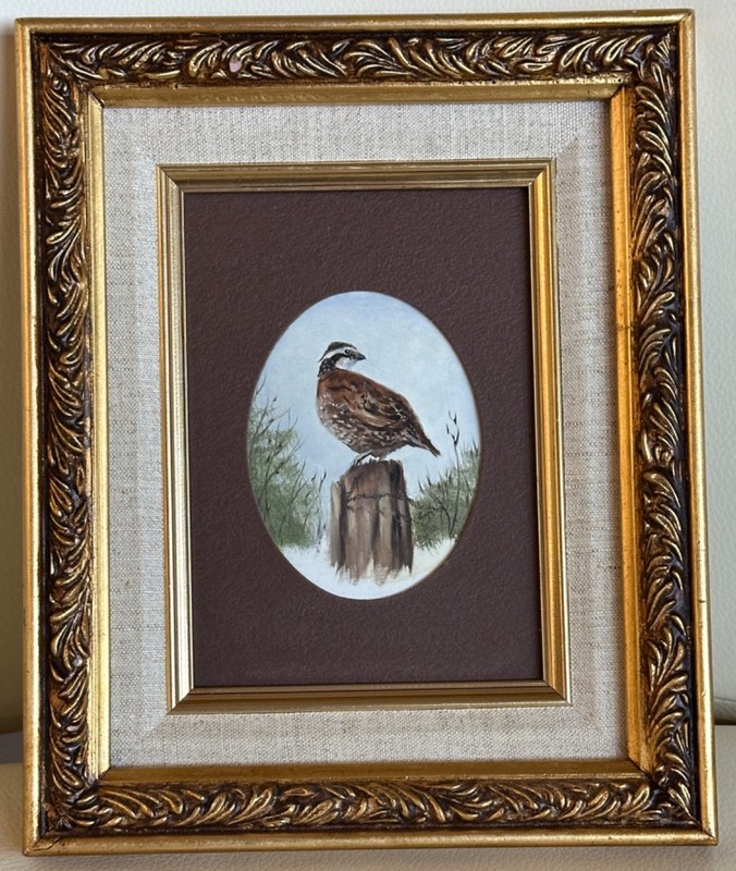 EMMONS ORIGINAL «QUAIL ON POLE OIL PAINTING ON PANEL BOARD FRAMED 10.75″ X 8.75»