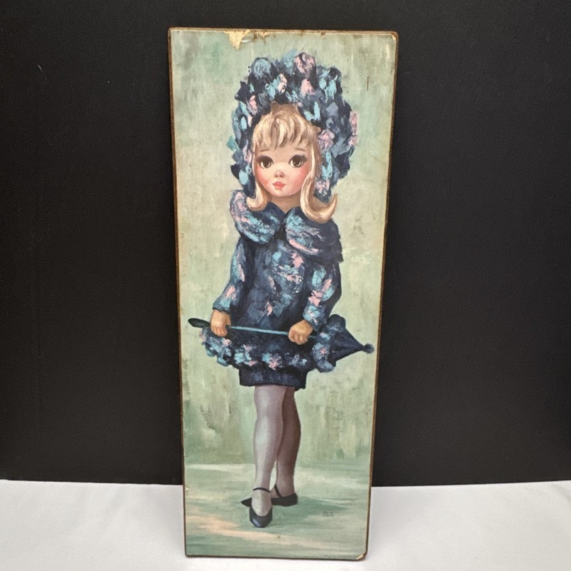 Vintage Jean Maio «Big Eyes» Girl in Blue Dress Lithograph
