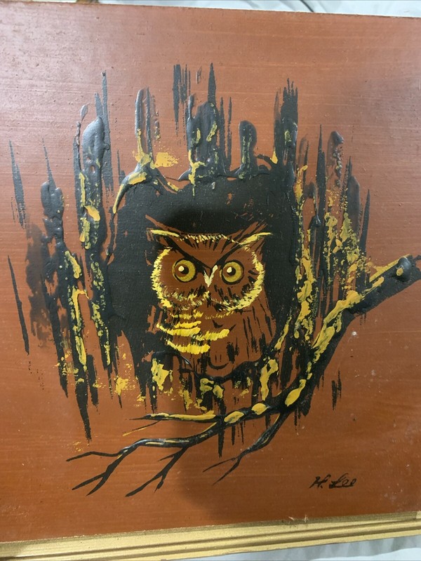 Vtg Owl Painted Composite Board Artist SignH Lee Wall Art 12×12 Custom Frame 70s