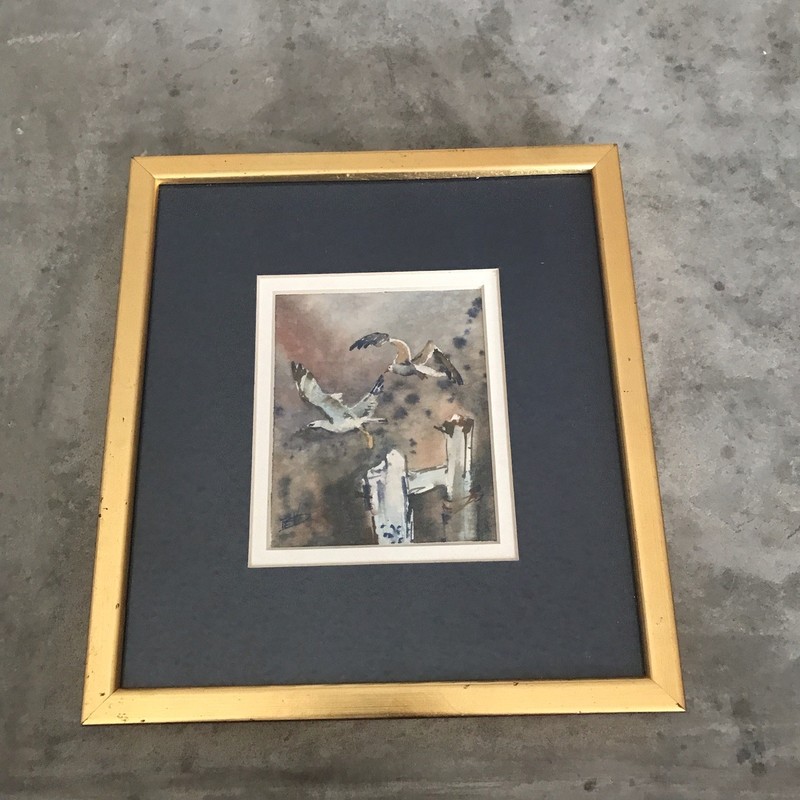 Seagulls Framed Art Watercolor Picture Gallery Wall Coastal Nautical Signed Gold