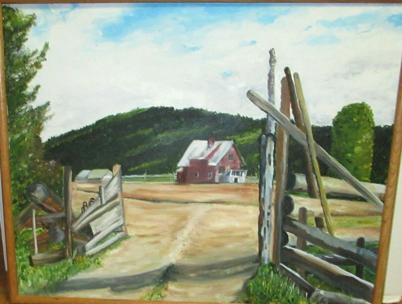 D.ROSS «JAY’S SATURDAY AM» LARGE OIL ON CANVAS LANDSCAPE RED BARN PAINTING