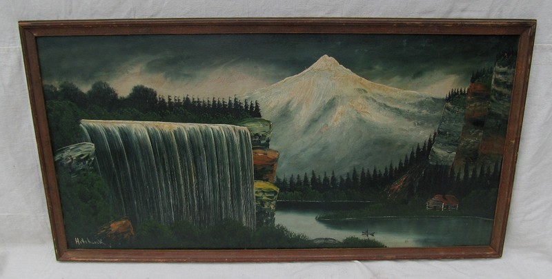 MID 19TH CT OIL ON BOARD PAINTED CANADIAN WATERFALL LANDSCAPE SIGNED HITCHCOCK