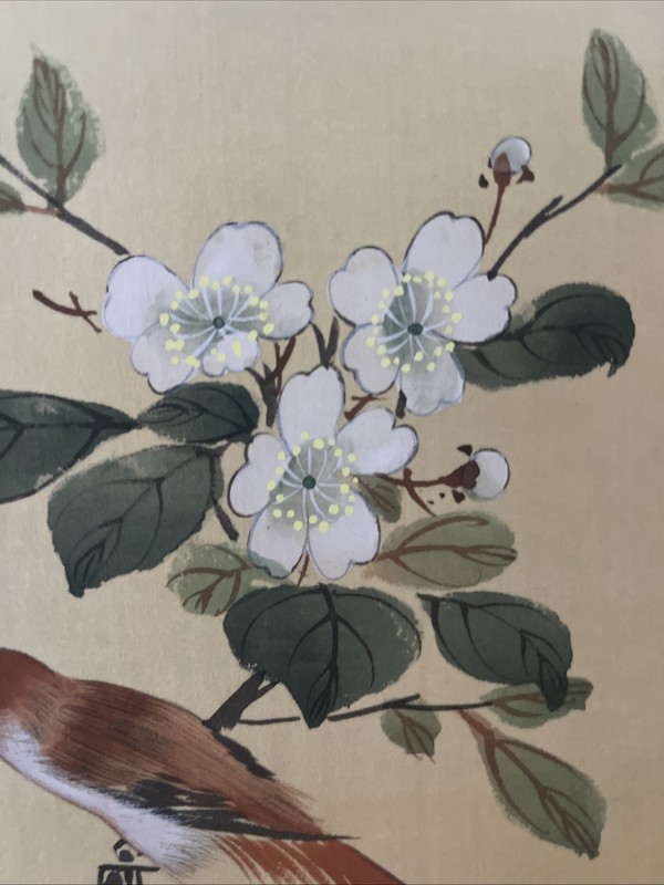 Japanese Painting Bird Flower Cherry Blossom Branch On Silk Watercolor 18x13” gallery