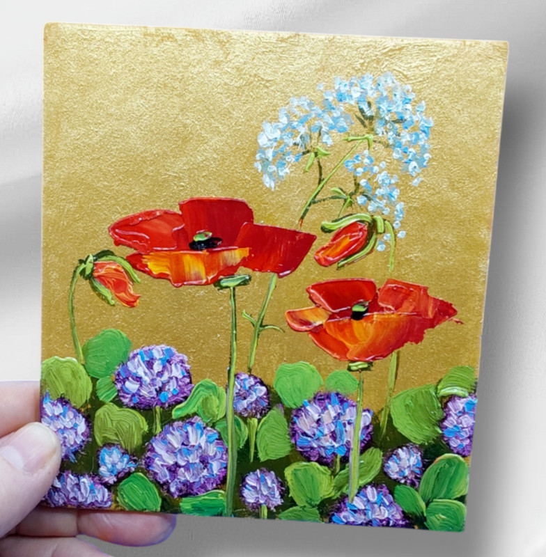 Clover Wildflowers Poppies Original Oil Painting Gold Framed Wall Art Handmade gallery