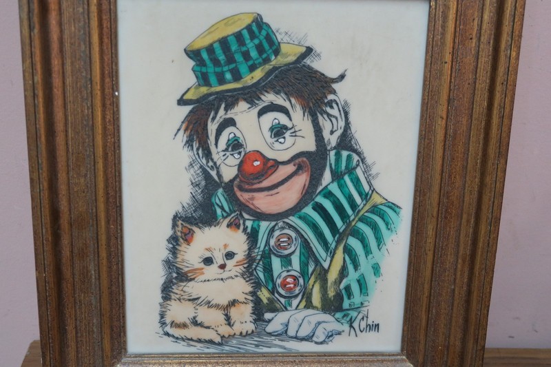 Vintage Etching Painting Framed Clown + Cat Kitten Signed K. Chin 8" x 10" gallery
