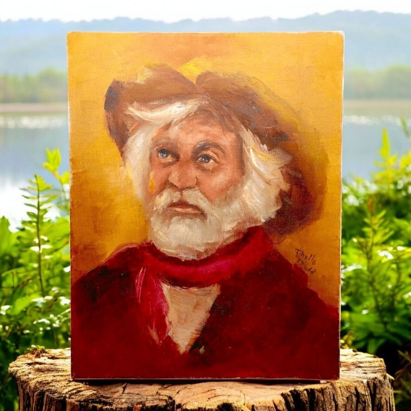 «Thels Dude» Rustic Cowboy Old Man Portrait Original Acrylic Canvas Painting 14″