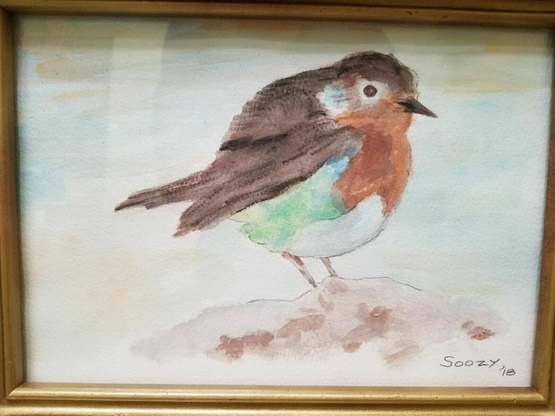 Original Small Painting English Robin Bird Signed Soozy In Wood Frame With Glass