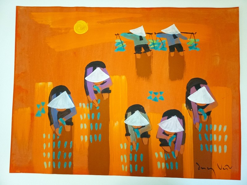 Original painting SE Asian Vietnamese agricultural painting artist signed orange