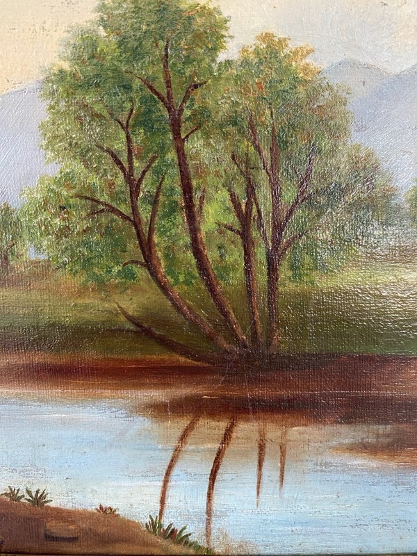 Original Vint. Painting Water Mountain Landscape Scene w/ Boat, Unsigned, Framed gallery