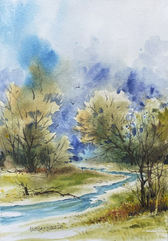 7”x10” Original Pamela Wilhelm watercolor River Bend Fallen Tree Landscape
