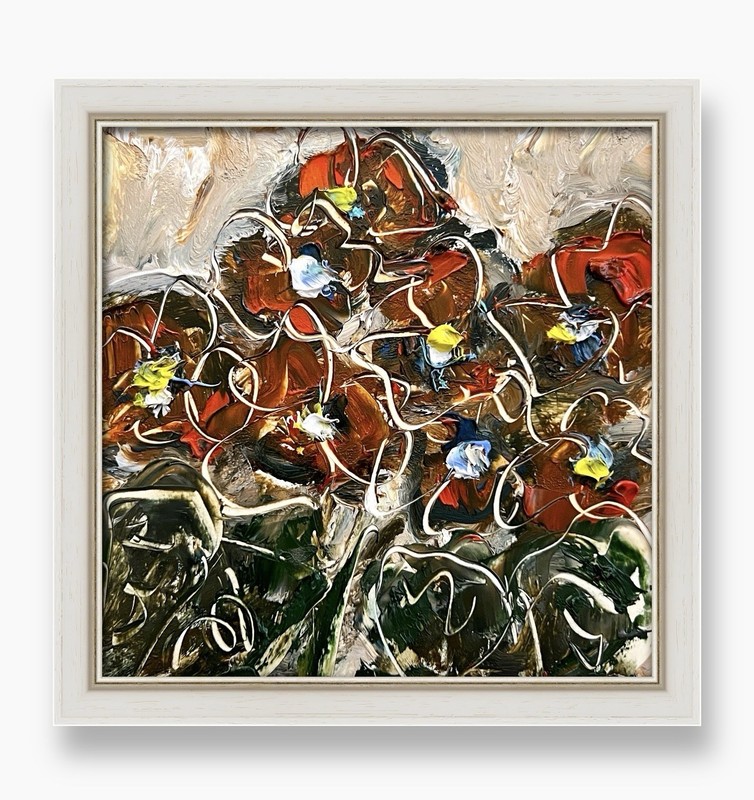 Framed Geraniums Art Semi Abstract Red Geranium Flowers Original Oil Painting 6” gallery