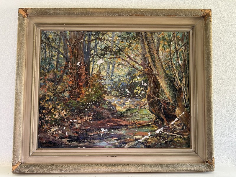 EMERSON LEWIS Listed CA Original Oil 28×36 Forest Impasto 1933 Signed AS-IS