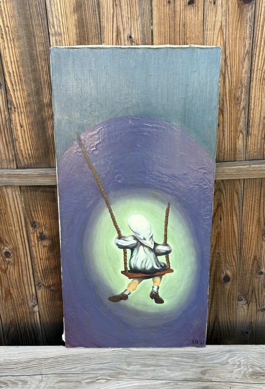 Vtg Original Painting MCM Child Swinging Female Girl Whimsical 1961
