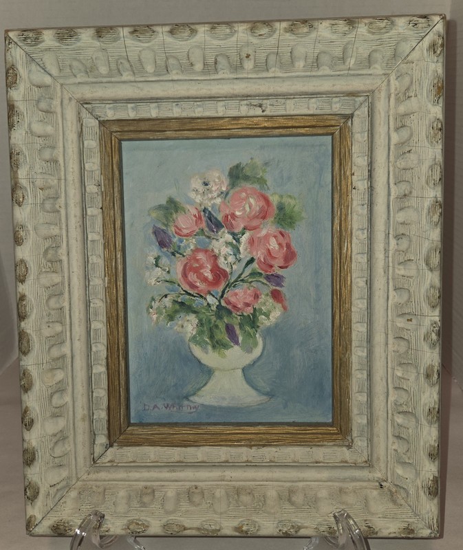 VTG Floral Still Life Painting Oil On Masonite Panel DA Whitney New England Art gallery