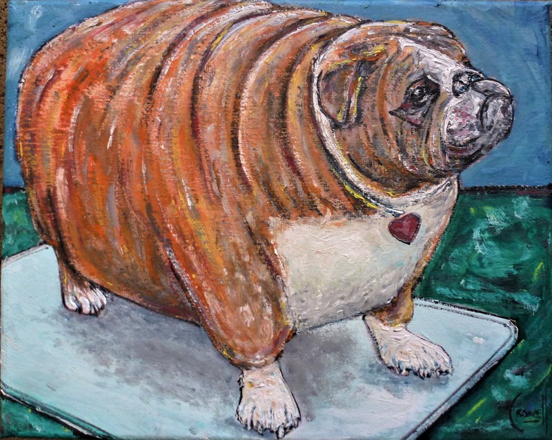 FEED ME NOW english bull dog NEW original 8×10 canvas painting signed Crowell