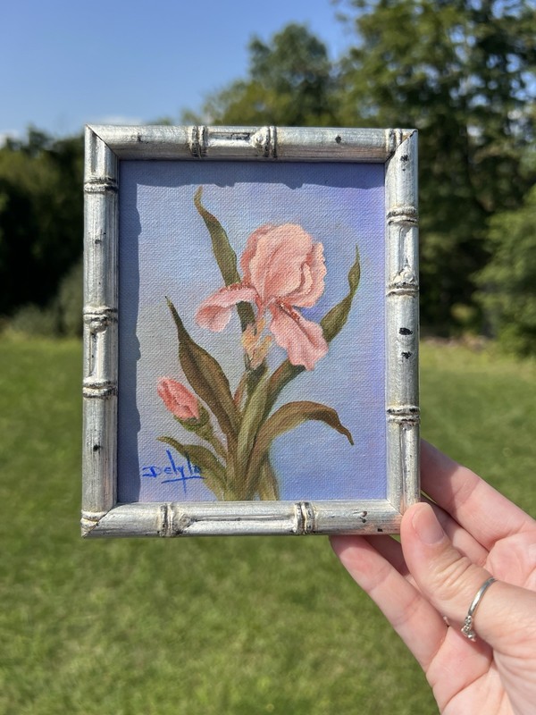 Vintage Signed Iris Floral Oil Painting Bamboo Frame Still Life Pink Purple