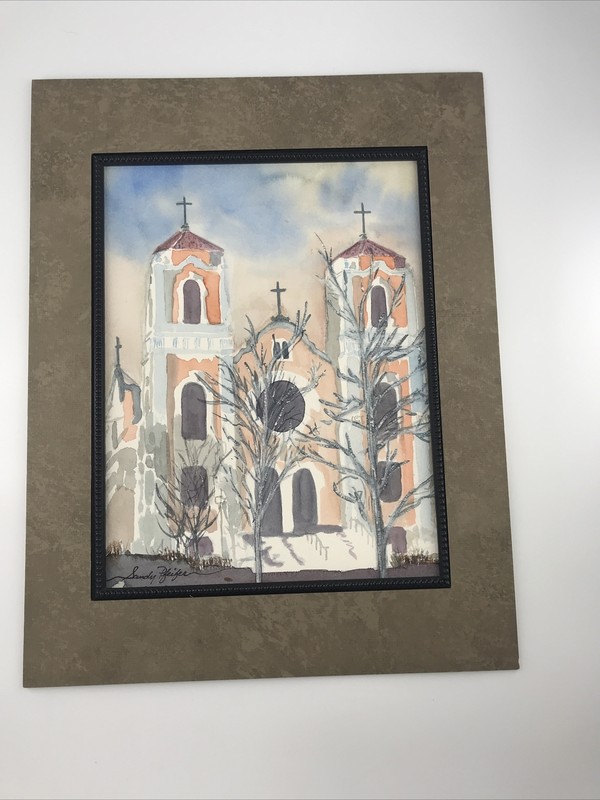 Original Watercolor Church Southwest Style Signed Sandy Pfeifer 18 1/2”x 14 1/2”