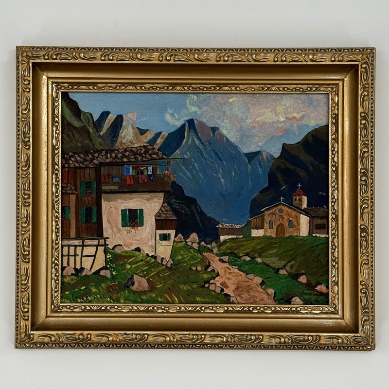 Vintage Original Alpine Village Landscape Oil Painting