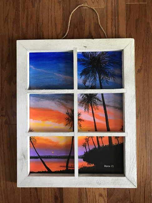 Palm Tree 7, Sunset, Original Acrylic Painting, Window Framed, No Glass, 16×20