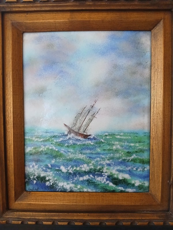 Vintage Painting Signed Raphael Enamel on Copper MCM gallery