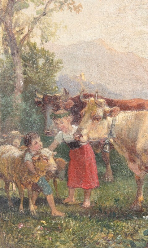 Children with Cows & Sheep in an Idyllic Mountain Landscape, Painting, 19th century gallery