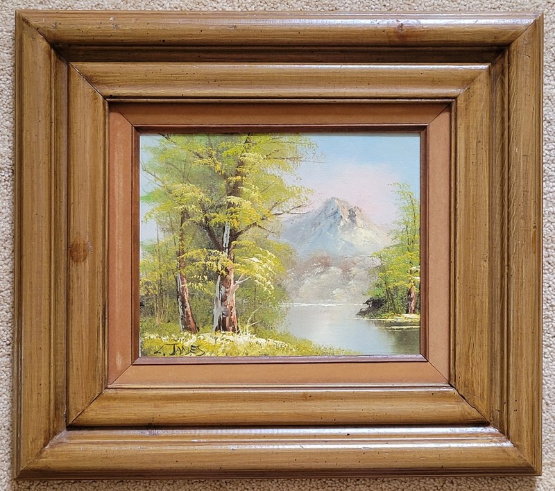 VTG Summer Mountain Lake Landscape Scene Oil on Board Signed L James 18"×16" gallery
