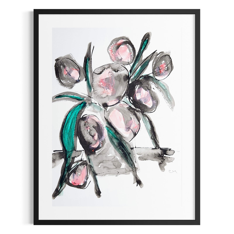 Original Ink 9×12 Abstract Botanical Painting Black White Signed Wall Art