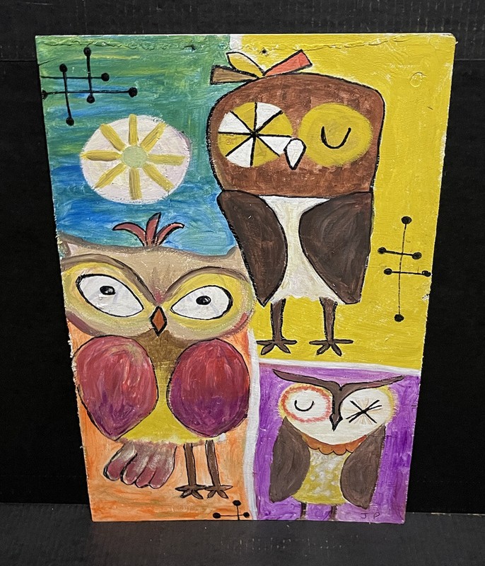 Colorful Mid-Century Abstract OWL Painting OOAK 25” x16” signed J.P.