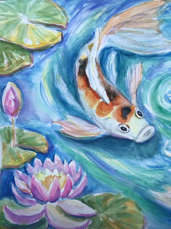 Dancing Koi Carp Fish, Lilly Wall Art. Original Watercolor 11,5" x 16,5" gallery