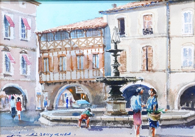 Louis Lasbouygues French Watercolor Cityscape Plaza Fountain Signed Framed Art