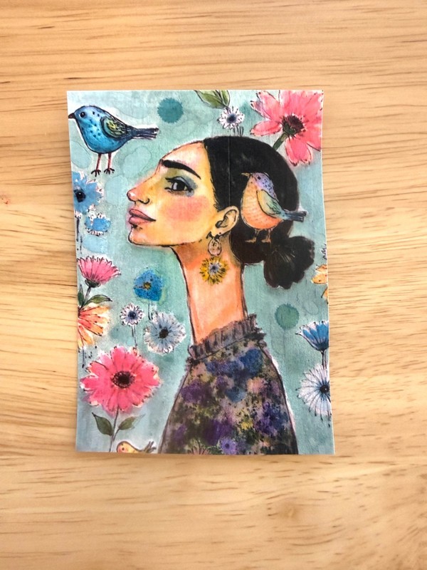 OOAK Woman & Birds ACEO Mixed Media Art Whimsical Portrait Miniature by AdriO gallery