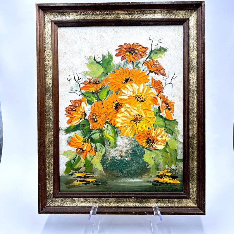 Vintage 70s’ Original Painting of Fall Florals in a Vase Signed Lonneman