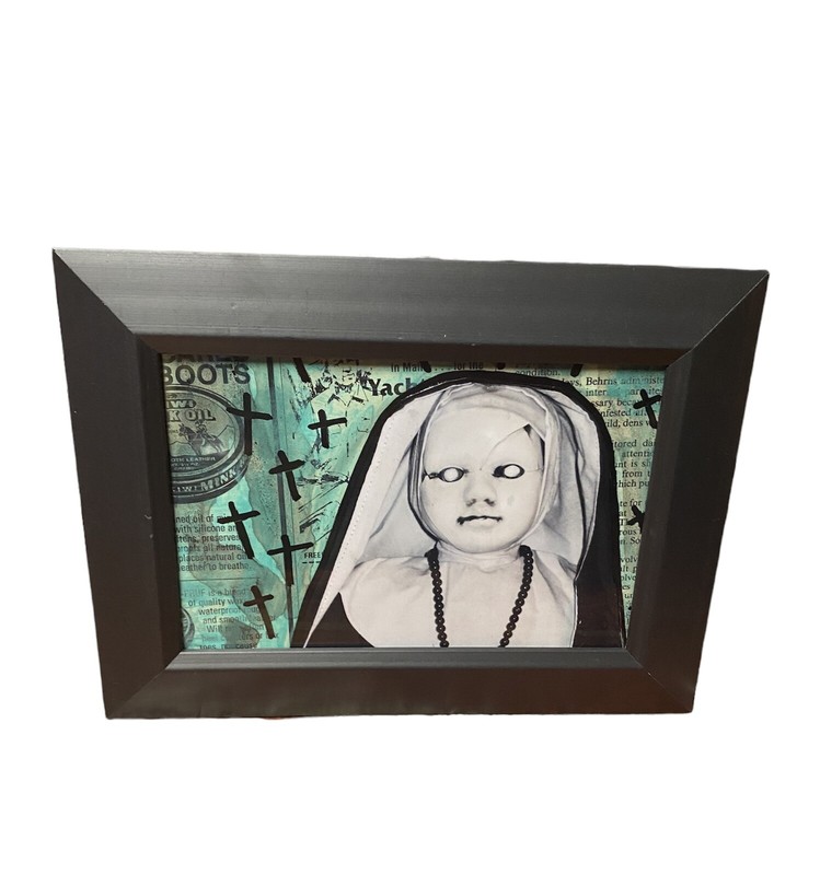 Original Painting Nun Creepy Doll framed Altered Photo Collage Art Oddity Weird