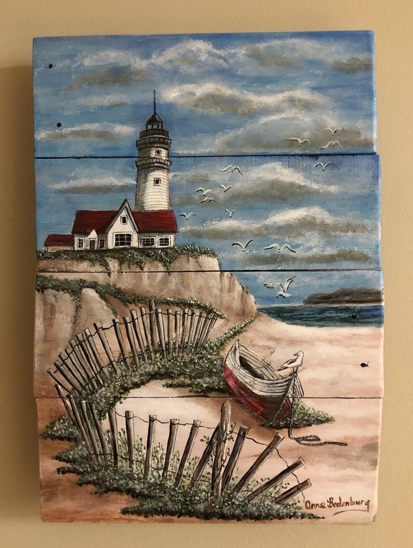 Original Painting on Reclaimed Wood Lighthouse Beach Scene By Anne Bodenburg